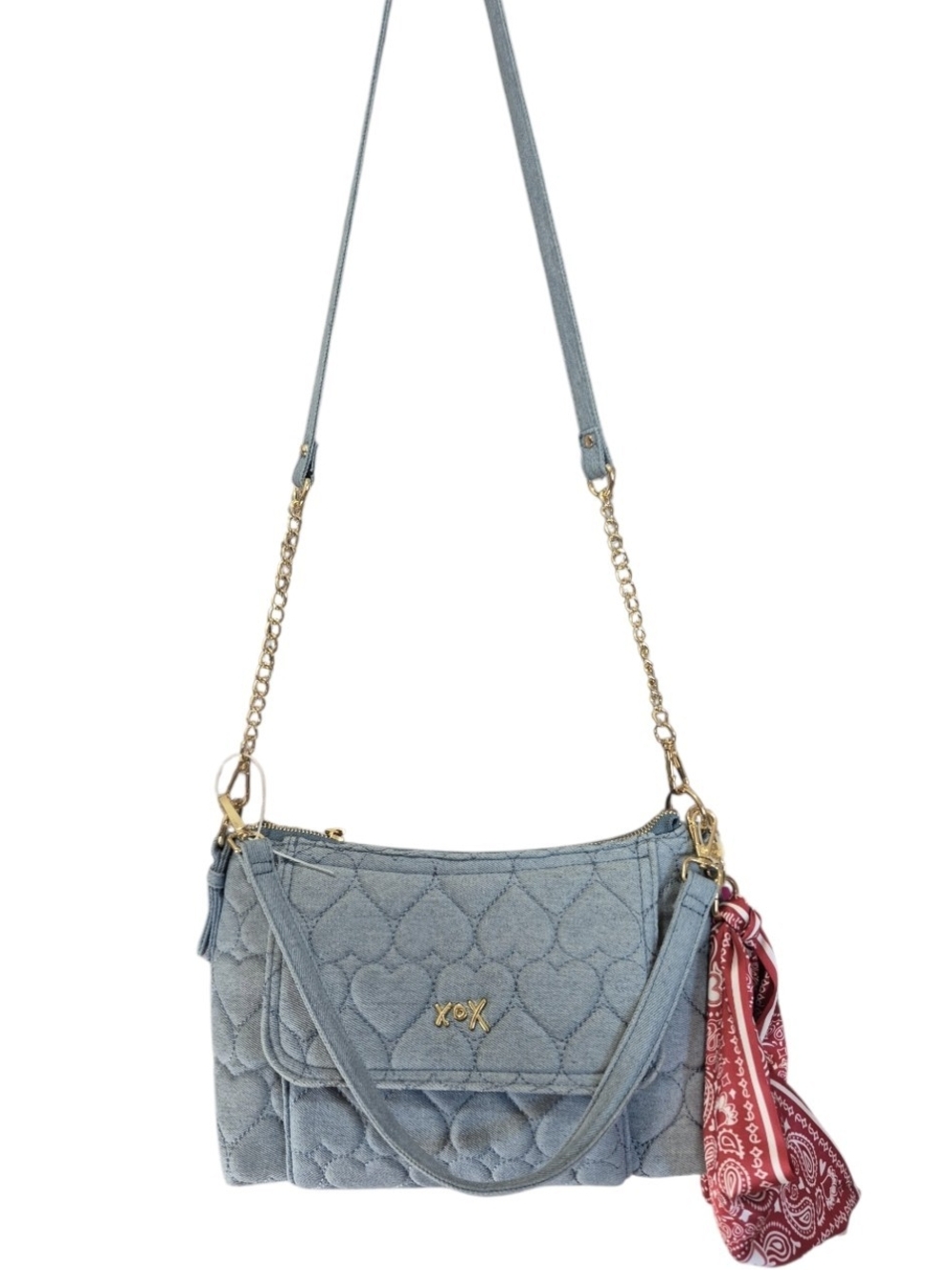 Betsey Johnson Denim Quilted Heart Crossbody Bag XOX With Bandana